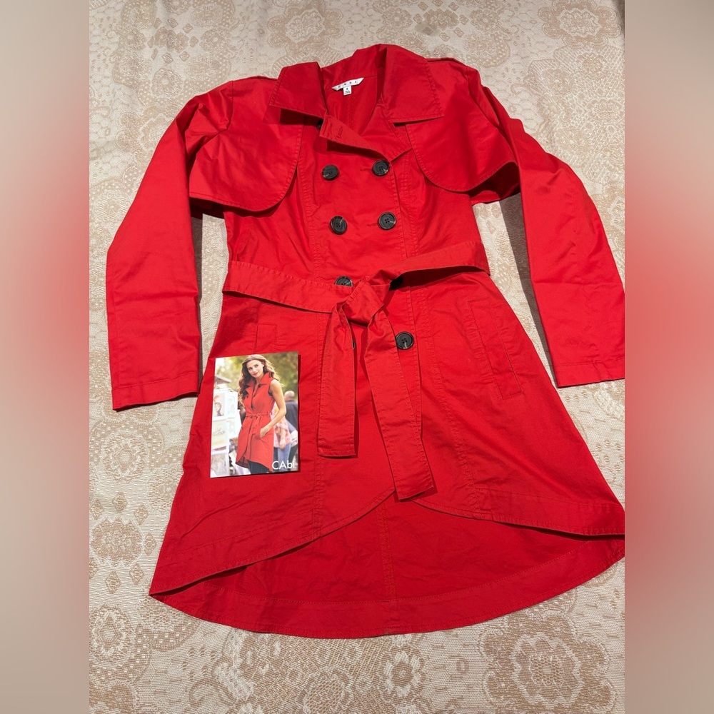 CAbi Women’s 8 Red Double-Breasted Trench Coat Convertible Belted Vest